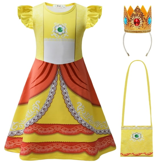 Little Girls Princess Peach Costume Dress 3D Pattern Halloween Cosplay Dress Up, 3-8 Year