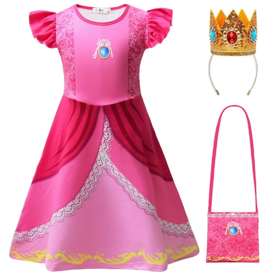 Little Girls Princess Peach Costume Dress 3D Pattern Halloween Cosplay Dress Up, 3-8 Year