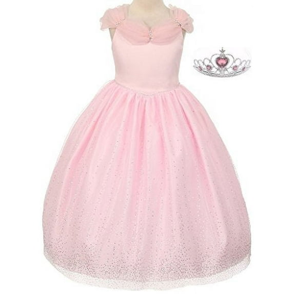 Little Girls Princess Style Off Shoulder Sparkly Tulle Tiara Flowers Girls Dresses Pink 6 (T10R34K)