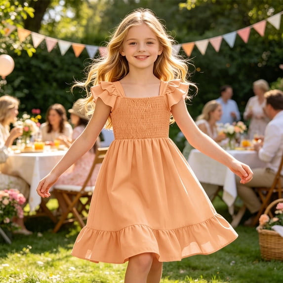 Little Girls Print Sundress Sleeveless Ruffle Casual Dress Mix Summer Dress for Kids Orange Size 9-10 Years