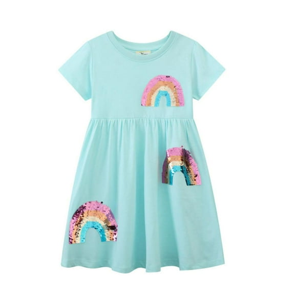 Little Girls Rainbow Short Sleeve Dress Kids Toddler Casual Party Tulle Tutu Dresses 2-7Y
