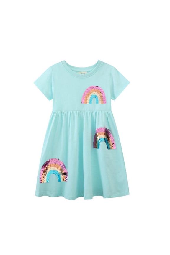 Little Girls Rainbow Short Sleeve Dress Kids Toddler Casual Party Tulle Tutu Dresses 2-7Y