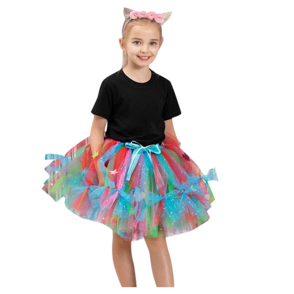 Little Girls Rainbow Tutus Ballet Dance Puffy Tulle Skirts Color Block Mesh Christmas Birthday Party Princess Petticoat, Multicolor, S