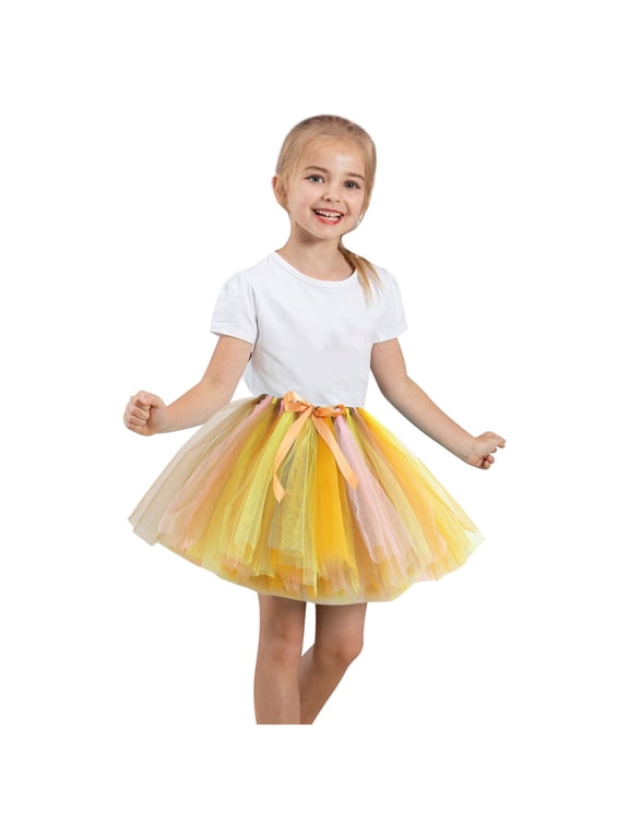 Little Girls Rainbow Tutus Ballet Dance Puffy Tulle Skirts Color Block Mesh Christmas Birthday Party Princess Petticoat, Yellow, M