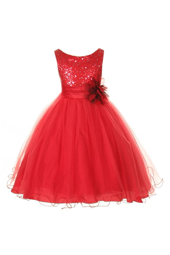 Little Girls Red Sequin Bodice Floral Overlaid Flower Girl Dress 2