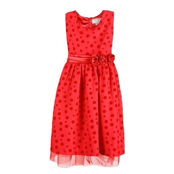 Little Girls Red Two Tone Polka Dotted Waist Flower Dress 5/6