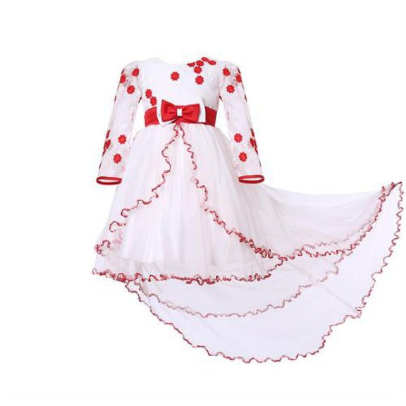 Little Girls Red White Floor Length Tail Layer Bridal Dress 7