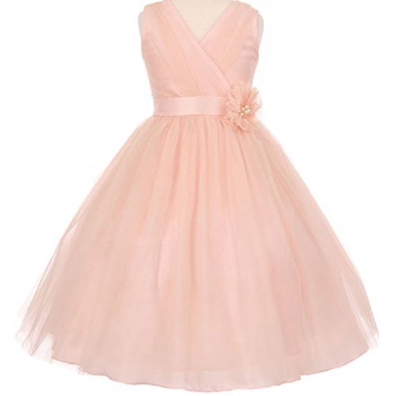 Little Girls Ruched V Neck Tulle Easter Pageant Gown Flowers Girls Dresses Blush 2 (M3B4K7)