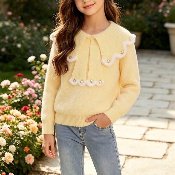 Little Girls Ruffle Peter Pan Collar Pearl Bow Fuzzy Knit Sweater Long Sleeve Soft Holiday Crew Neck Fall Winter Kids Pullover Yellow 9-10 Years