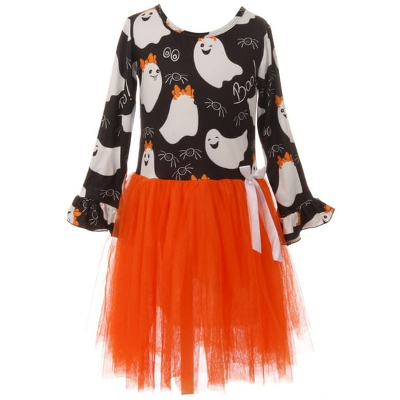 Little Girls Ruffle Sleeve Halloween Ghost Spider Tulle Party Flower Girl Dress Black Orange 3T S (P201645P)