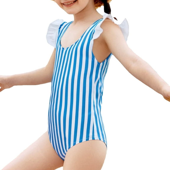 Little Girls Ruffle Swimsuits One Piece Strip Bathing Suits V Back Bowknot Sleeveless Tankini Toddler Swimwear Blue, 3 Years