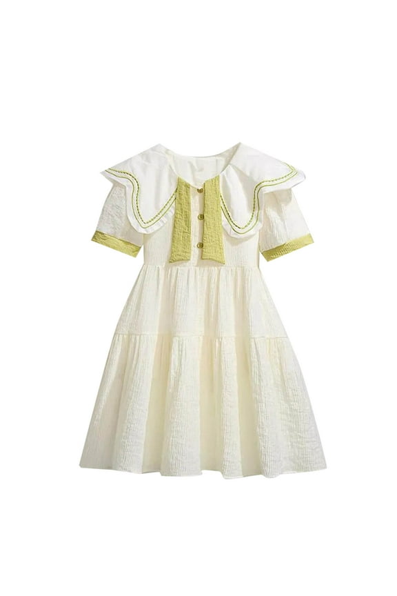 Little Girls School Polos Dresses Short Sleeve Ruffle Skater Dress Drop Waist Casual Uniform Jumper Dress Black, 2 Years