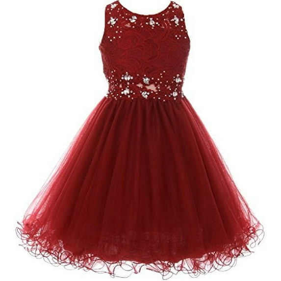 Little Girls See Through Waistline Lace Pageant Flowers Girls Dresses Burgundy 4 (C50C10)