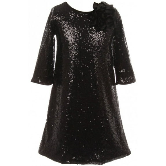 Little Girls Shiny Sequin Short Sleeve Holiday Christmas Party Flower Girl Dress Black 4 (K40D8)