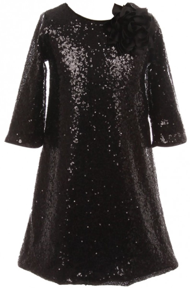Little Girls Shiny Sequin Short Sleeve Holiday Christmas Party Flower Girl Dress  Black 6 (K40D8) - Walmart.com