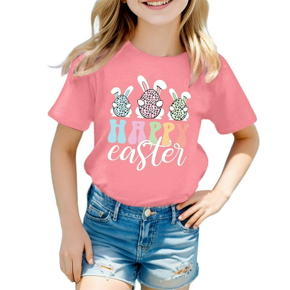Little Girls Shirts Cartoon Bunny Short Sleeve Tee for Toddler Easter Day Casual T Shirt for Boys and Girls Pink,5-6 Years