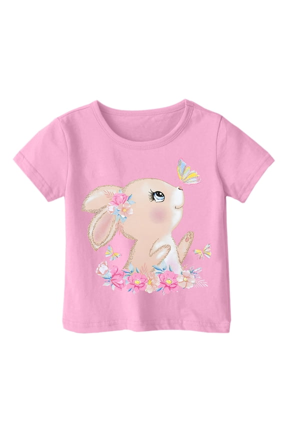 Little Girls Shirts Easter Day Short Sleeve T Shirt Top Cartoon Rabbit Comfy Crew Neck Girls' Tops, Tees & Blouses 2-3 Years,Pink