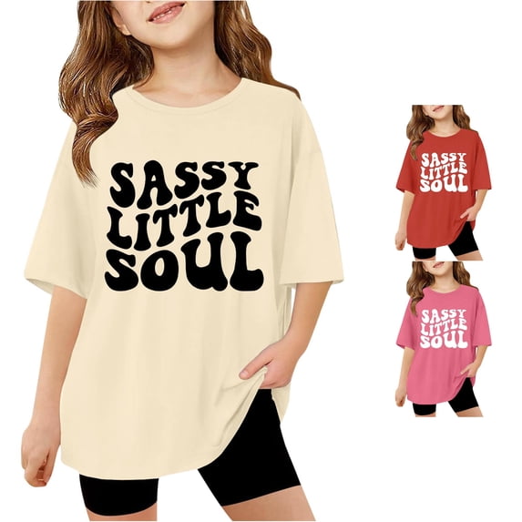 Little Girls' Shirts Short Sleeve Top Casual Crewneck Letter Printed Tops Size 5-6T ,Beige