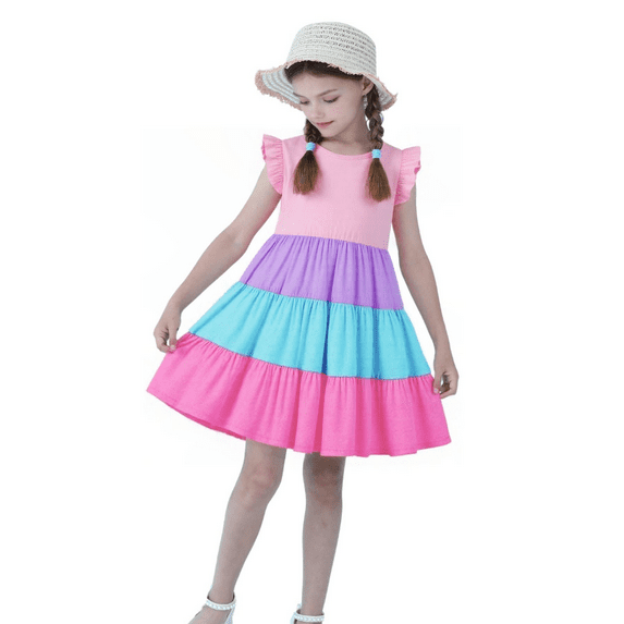 HILEELANG Girls Cotton Color Block Dress – 100% Soft Cotton Summer Sundress with Ruffle Sleeves, Multi-Color, Sizes 2T-12