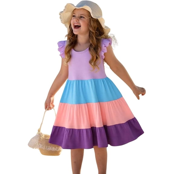 HILEELANG Girls Cotton Color Block Dress – 100% Soft Cotton Summer Sundress with Ruffle Sleeves, Multi-Color, Sizes 2T-12