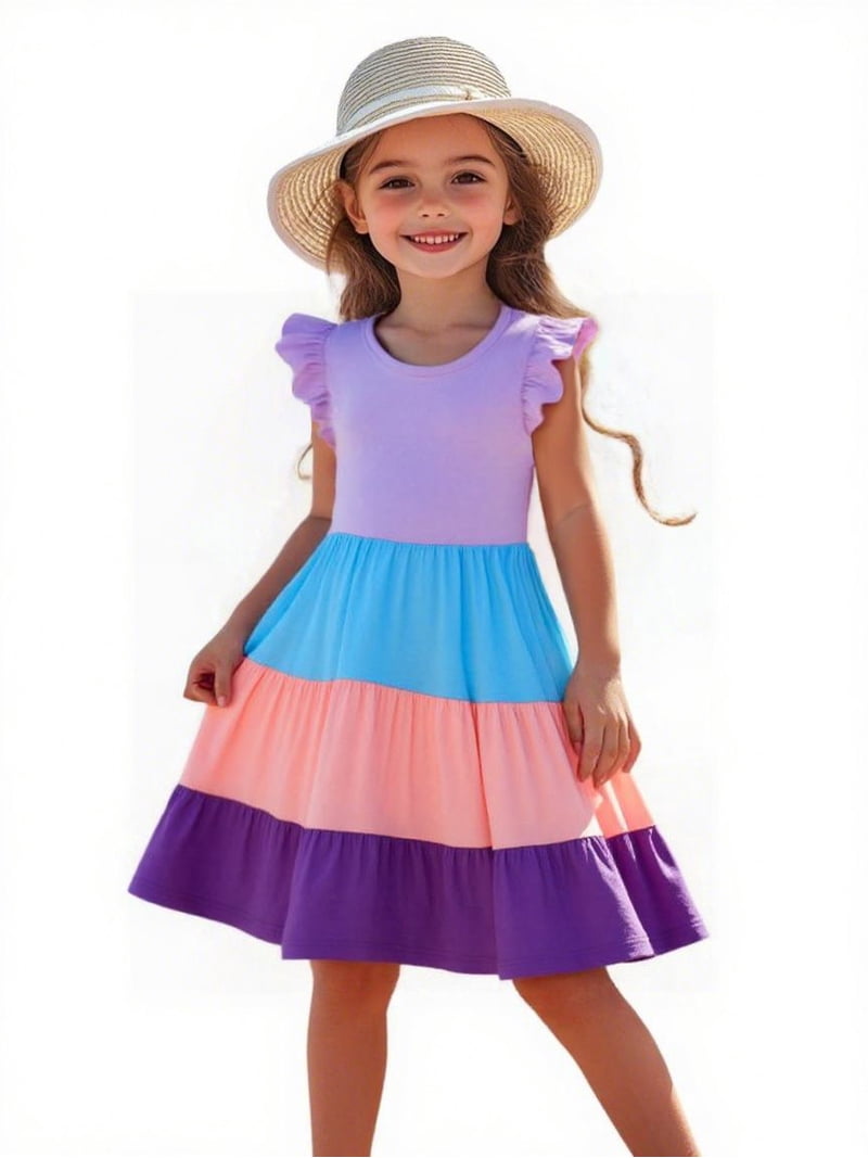 HILEELANG Girls Cotton Color Block Dress  100% Soft Cotton Summer Sundress  with Ruffle Sleeves, Multi-Color, Sizes 2T-12 - Walmart.com