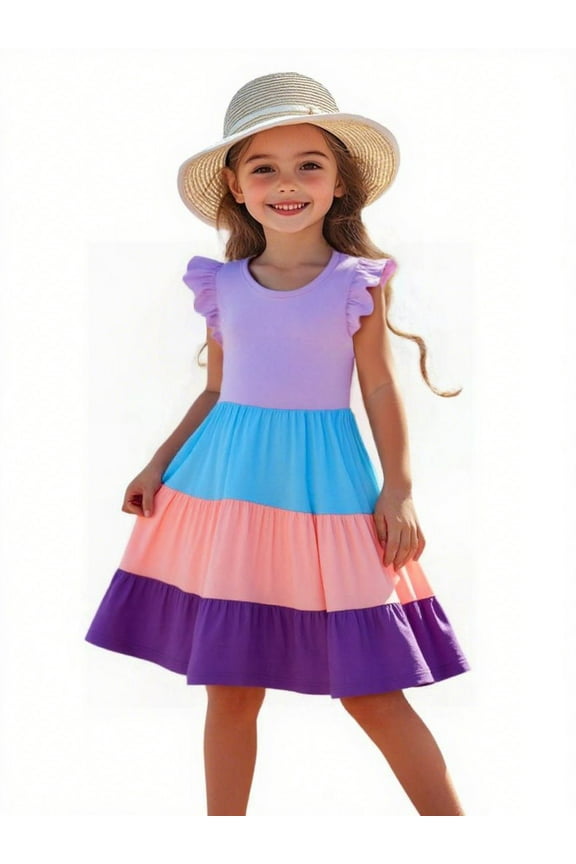 Girls Cotton Color Block Dress – 100% Soft Cotton Summer Sundress with Ruffle Sleeves, Multi-Color, Sizes 2T-12