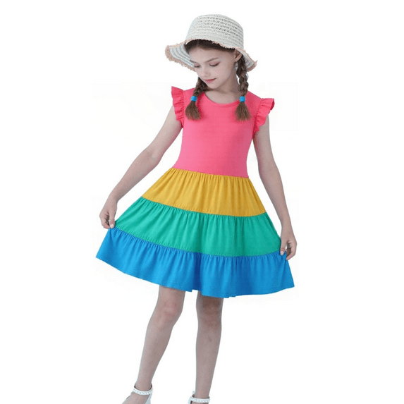 HILEELANG Girls Cotton Color Block Dress – 100% Soft Cotton Summer Sundress with Ruffle Sleeves, Multi-Color, Sizes 2T-12