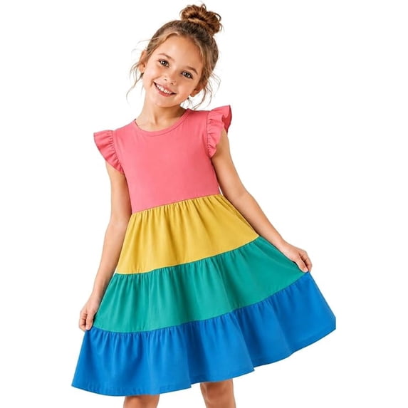 HILEELANG Girls Cotton Color Block Dress – 100% Soft Cotton Summer Sundress with Ruffle Sleeves, Multi-Color, Sizes 2T-12