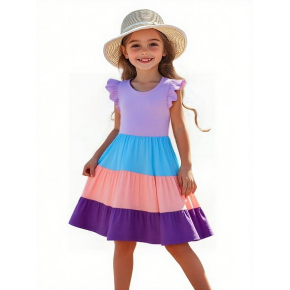 HILEELANG Girls Cotton Color Block Dress – 100% Soft Cotton Summer Sundress with Ruffle Sleeves, Multi-Color, Sizes 2T-12