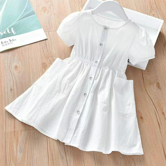 Little Girls Short Sleeve Dresses with Pockets Size 2-7 Toddlers Kids Cute Button-Down Crewneck Solid Color A-Line Going-Out Dress