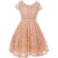 thumbnail image 1 of Little Girls Short Sleeve Lace Glitter Skater Pearl Belt Special Occasion Flower Girl Dress Blush 2 (J21KS02), 1 of 3