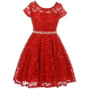 Little Girls Short Sleeve Lace Glitter Skater Pearl Belt Special Occasion Flower Girl Dress Red 4 (J21KS02)