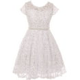 thumbnail image 1 of Little Girls Short Sleeve Lace Glitter Skater Pearl Belt Special Occasion Flower Girl Dress White 6 (J21KS02), 1 of 3
