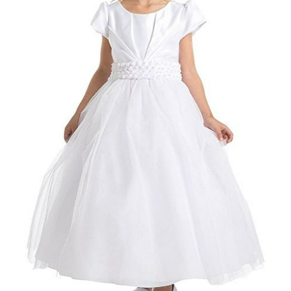 Little Girls Short Sleeve Pearl Beading Communion Flowers Girls Dresses White 2 (J36K06)