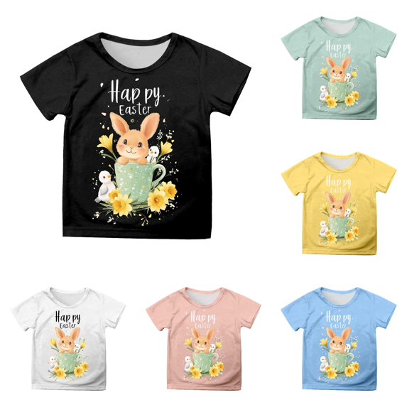 Little Girls Short Sleeve T Shirts Easter Printed Crew Neck Casual Shirt Size 6-7T ,Black