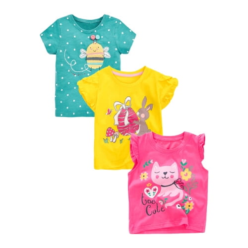 Little Girls' Short Sleeve Tee Shirt Cotton Casual Crewneck Cat Rabbit