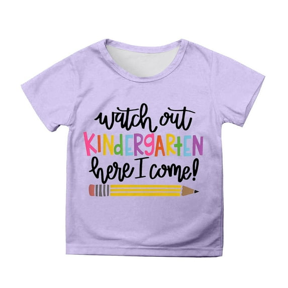 Little Girls Short Sleeve Tops Casual Cartoon Print Tees Crewneck Shirts Clothes Purple Size 6-7T