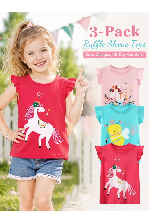 Little Girls Cotton Short Sleeve Crewneck Tops for Girls, Soft Graphic T-Shirts, 3-Pack, White/Green/Rainbow, Size 7T