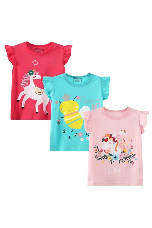 Little Girls Cotton Short Sleeve Crewneck Tops for Girls, Soft Graphic T-Shirts, 3-Pack, White/Green/Rainbow, Size 7T