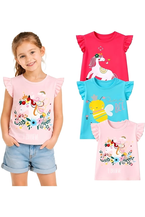 Little Girls' Short Sleeve Tops Tees Shirts Cotton Casual Graphic White Green Rainbow Crewneck Easter Summer T-Shirts 3 Packs Sets 8T