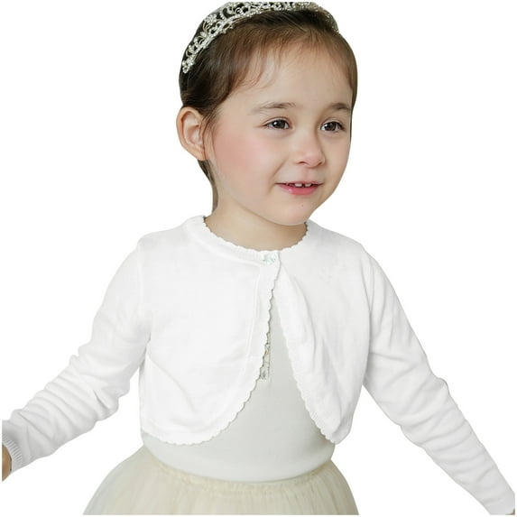 Little Girls Shrug Cardigan Knitted Long Sleeve Solid Cropped Sweater for Dress Cover Up Toddler Crew Neck Tops, White, 2 Years