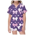 thumbnail image 1 of Little Girls Silk PJS Bow Print Short Sleeve Button Down Shirts with Shorts Summer PJS for Girls Silk Pajamas Size 4T, 1 of 3