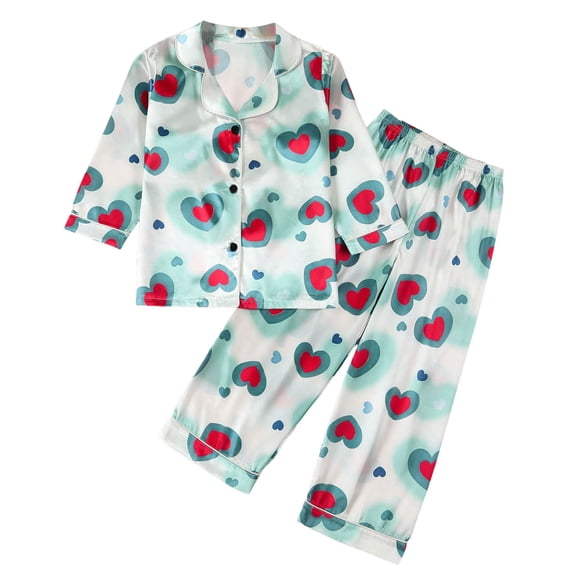 Little Girls Silk Pajamas Cartoon Print Comfortable Long Sleeve Satin Button-Down Home Outfit Set 2 Piece Satin Pajama Outfits Green,3-4 Years