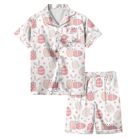 Little Girls Silk Pajamas Set Button-Up Short Sleeve Pjs Cute Printed Casual Home Pajamas Set Two-Piece Pj Sleepwear Sets Pink,160