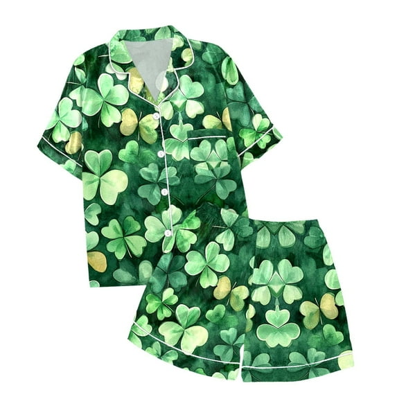 Little Girls Silk Pajamas Set Irish Shamrock Clover Button Down Short Sleeve & Short Pants Outfit St Patricks Day Comfy Sleepwear Set 2-Piece Sleepwear Pjs for Kids