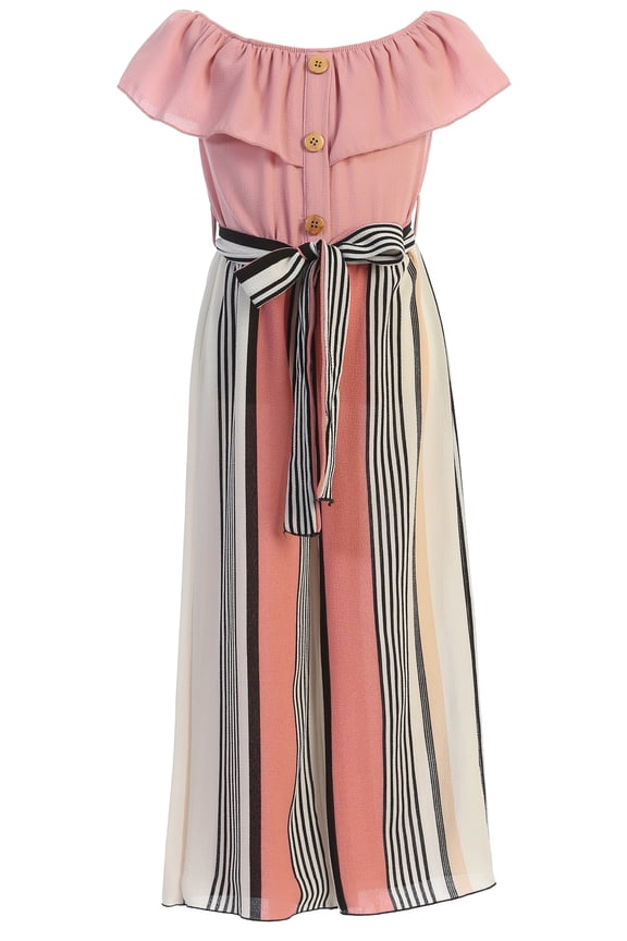 Little Girls Sleeveless Cold Shoulder Ruffle Chiffon Belt Summer Romper Jumpsuit Rose 4 (2J1K7S1)