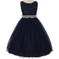 thumbnail image 1 of Little Girls Sleeveless Dress Glitters Sequined Bodice Double Layer Tulle Skirt Rhinestones Sash Flower Girl Dress Navy Blue - Size 4, 1 of 4