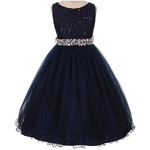 Little Girls Sleeveless Dress Glitters Sequined Bodice Double Layer Tulle Skirt Rhinestones Sash Flower Girl Dress Navy Blue - Size 4