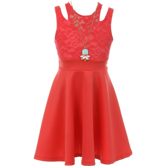Little Girls Sleeveless Floral Lace Cut Out Shoulder Holiday Party Flower Girl Dress Coral 6 (J21KS14)