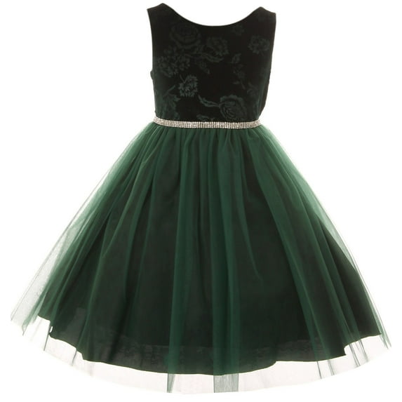 Little Girls Sleeveless Floral Velvet Rhinestone Tulle Holiday Flower Girl Dress Green 2 (K45D4)